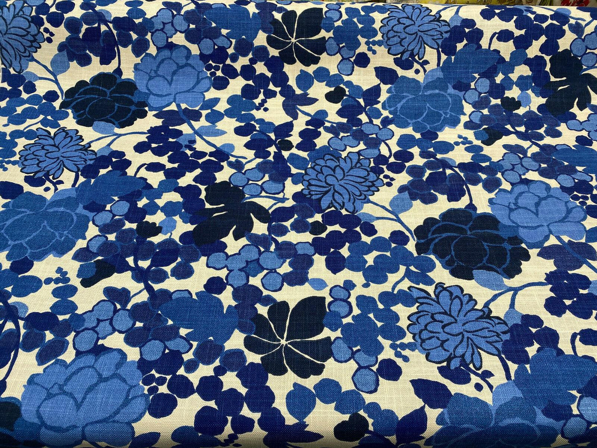 Waverly Blossom Cotton Linen Canvas Fabric - Indigo Blue Floral, 54" Width (1 Yard)