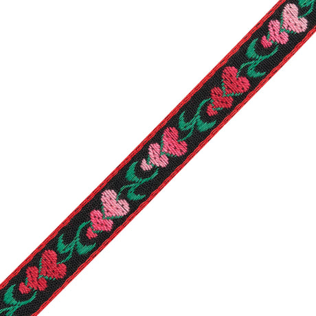 Cotton Jacquard Ribbon - 0.5" - Red, Green and Black Heart Flowers
