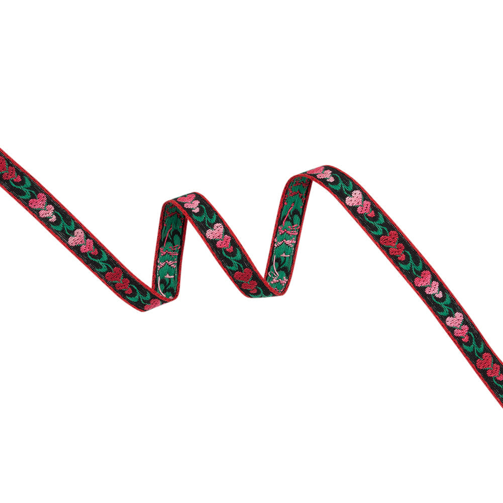 Cotton Jacquard Ribbon - 0.5" - Red, Green and Black Heart Flowers