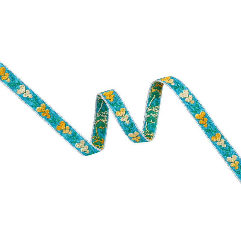 Cotton Jacquard Ribbon - 0.5" - Yellow, Blue and Green Heart Flowers