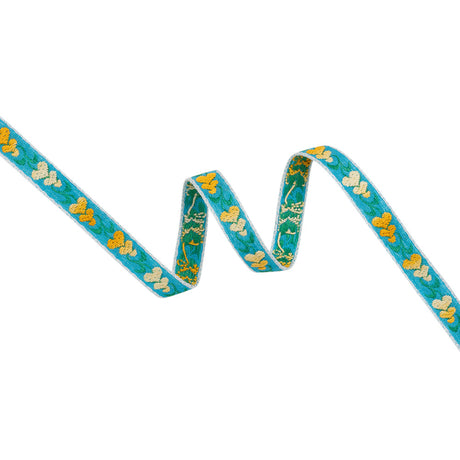 Cotton Jacquard Ribbon - 0.5" - Yellow, Blue and Green Heart Flowers