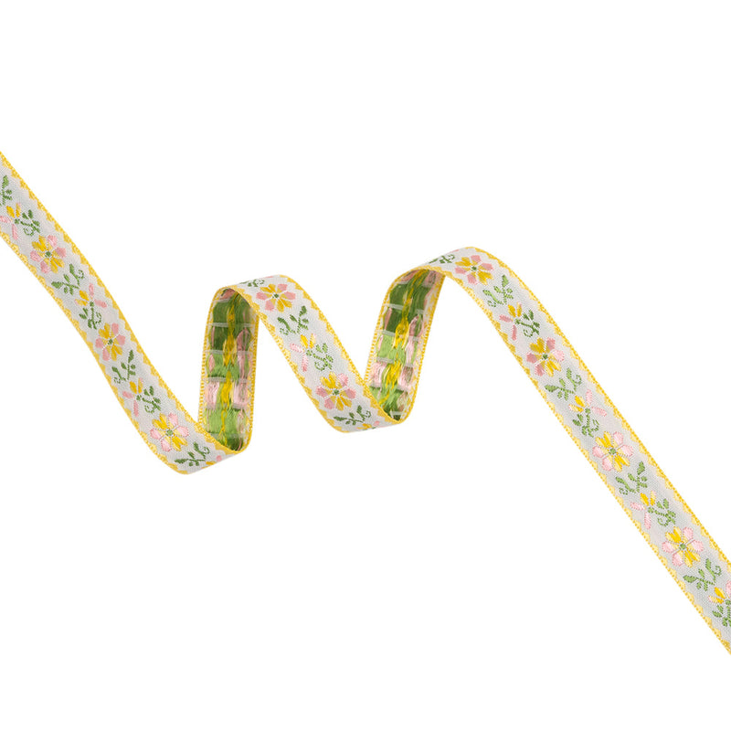 Jacquard Ribbon - 0.625" - Yellow, Pink and Green Striped Flowers