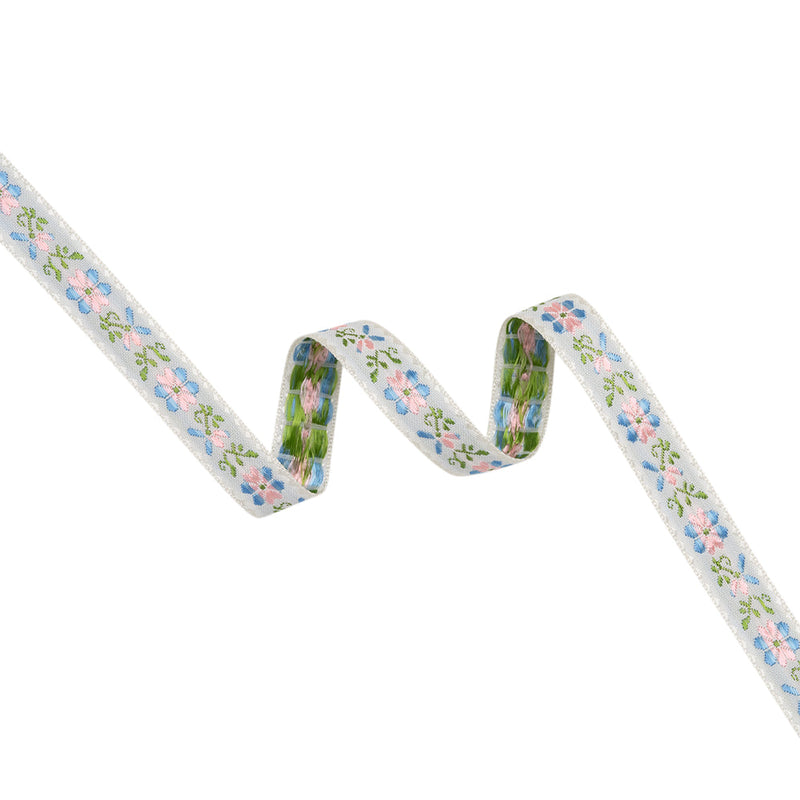 Jacquard Ribbon - 0.625" - Pink, Baby Blue and Green Striped Flowers