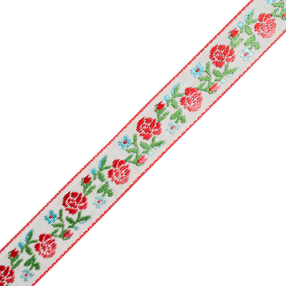 Jacquard Ribbon - 0.625" - Red, Green and Baby Blue Rose Vines
