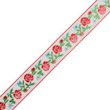 Jacquard Ribbon - 0.625" - Red, Green and Baby Blue Rose Vines