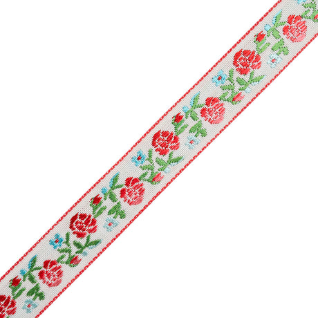 Jacquard Ribbon - 0.625" - Red, Green and Baby Blue Rose Vines