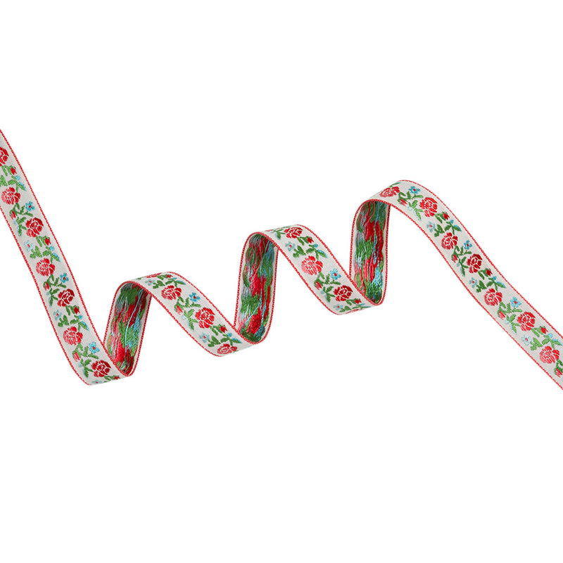 Jacquard Ribbon - 0.625" - Red, Green and Baby Blue Rose Vines