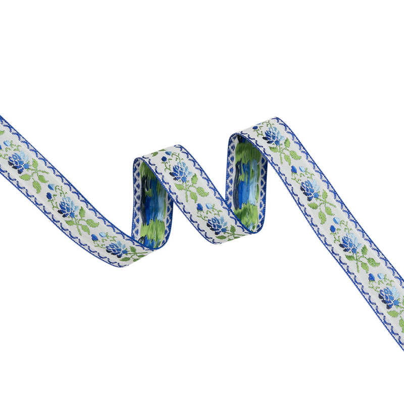 Jacquard Ribbon - 0.875" - Blue, Green and White Roses