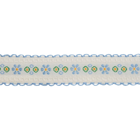 Jacquard Ribbon with Scalloped Edges - 0.875" - French Blue, White and Green Little Daisies and Dots