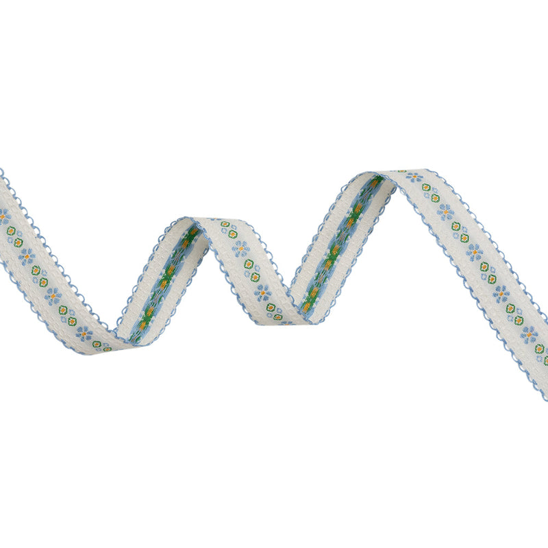 Jacquard Ribbon with Scalloped Edges - 0.875" - French Blue, White and Green Little Daisies and Dots