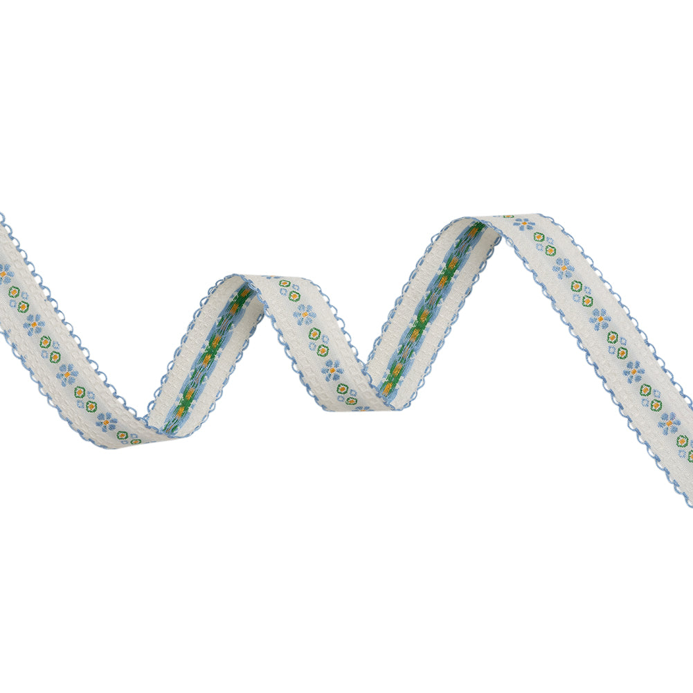 Jacquard Ribbon with Scalloped Edges - 0.875" - French Blue, White and Green Little Daisies and Dots