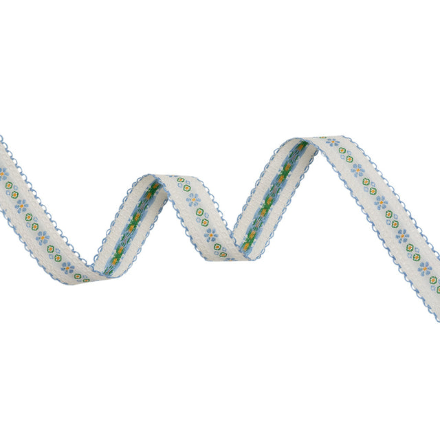 Jacquard Ribbon with Scalloped Edges - 0.875" - French Blue, White and Green Little Daisies and Dots