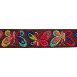 Jacquard Ribbon - 0.875" - Wine Red, Blue and Yellow Fanciful Butterflies