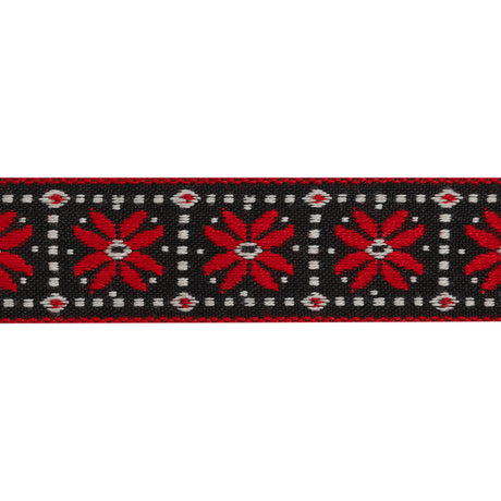 Jacquard Ribbon - 1" - Black, Red and White Flower Blocks