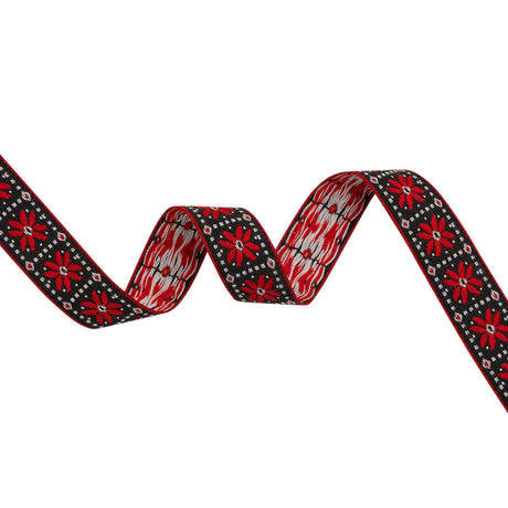 Jacquard Ribbon - 1" - Black, Red and White Flower Blocks