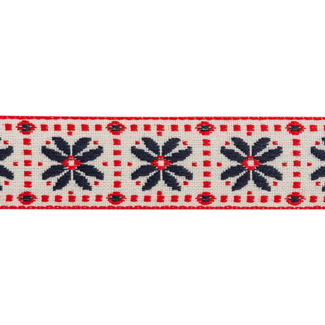 Jacquard Ribbon - 1" - Off White, Red and Navy Flower Blocks