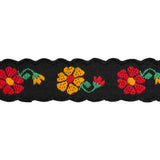 Jacquard Ribbon with Scalloped Edges - 1.125" - Black, Red and Yellow Sunny Flowers