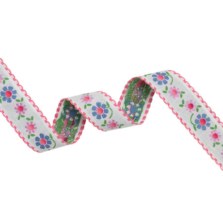 Jacquard Ribbon with Scalloped Edges - 1.375" - Baby Pink, French Blue and Lilac Happy Flowers
