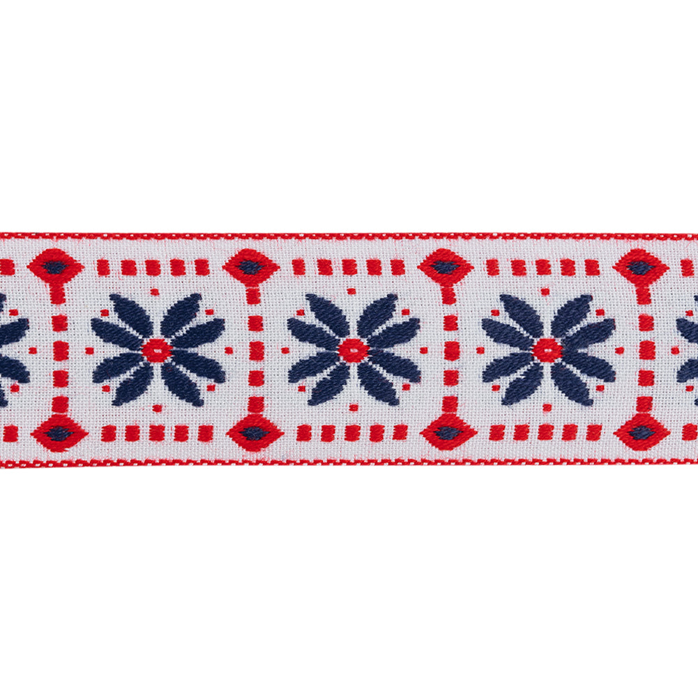 Jacquard Ribbon - 1.5" - White, Red and Navy Flower Blocks