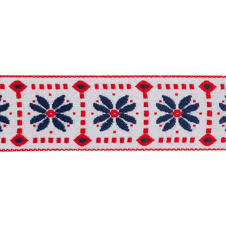 Jacquard Ribbon - 1.5" - White, Red and Navy Flower Blocks