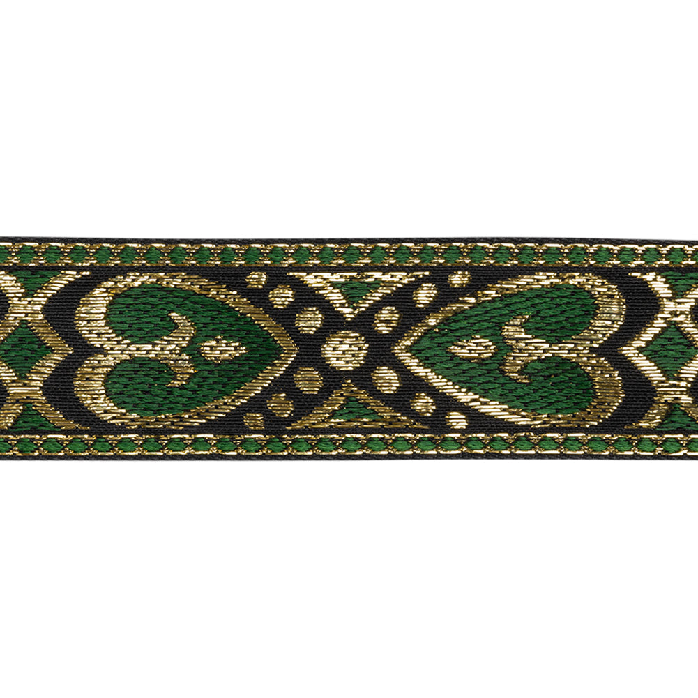 Metallic Jacquard Ribbon - 1.375" - Green, Black and Gold Fanciful Hearts