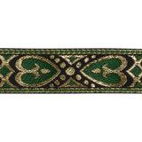 Metallic Jacquard Ribbon - 1.375" - Green, Black and Gold Fanciful Hearts