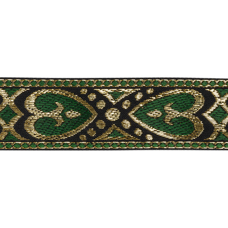 Metallic Jacquard Ribbon - 1.375" - Green, Black and Gold Fanciful Hearts