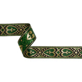 Metallic Jacquard Ribbon - 1.375" - Green, Black and Gold Fanciful Hearts