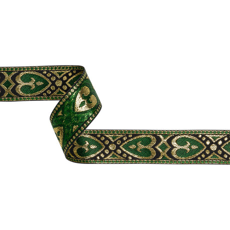 Metallic Jacquard Ribbon - 1.375" - Green, Black and Gold Fanciful Hearts