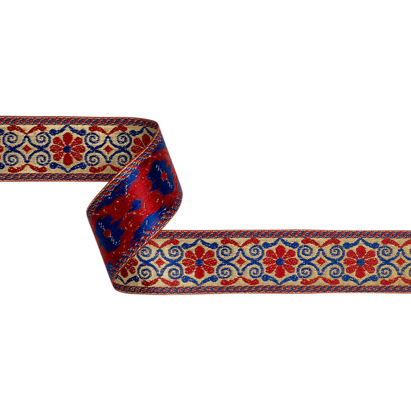 Metallic Jacquard Ribbon - 1.5" - Red, Blue and Gold Flowers and Swirls