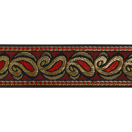 Metallic Jacquard Ribbon - 40mm - Red, Black and Gold Dancing Paisleys