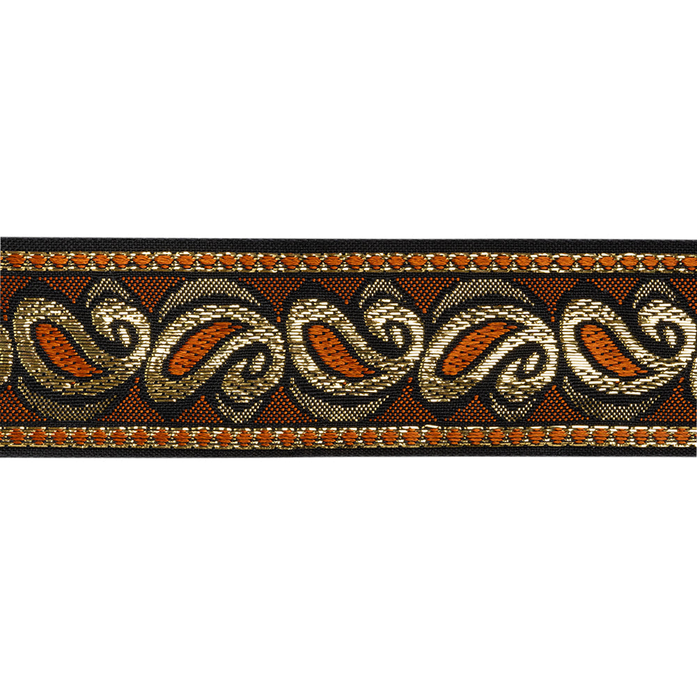 Metallic Jacquard Ribbon - 40mm - Burnt Orange, Black and Gold Dancing Paisleys