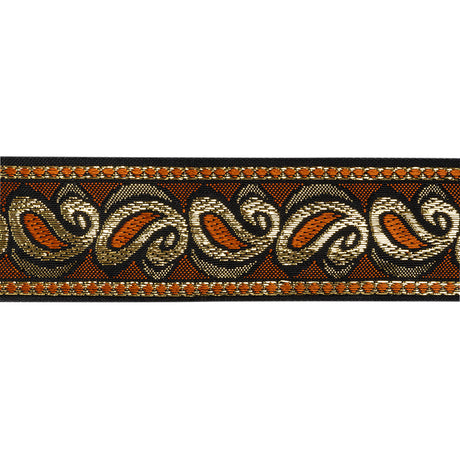 Metallic Jacquard Ribbon - 40mm - Burnt Orange, Black and Gold Dancing Paisleys
