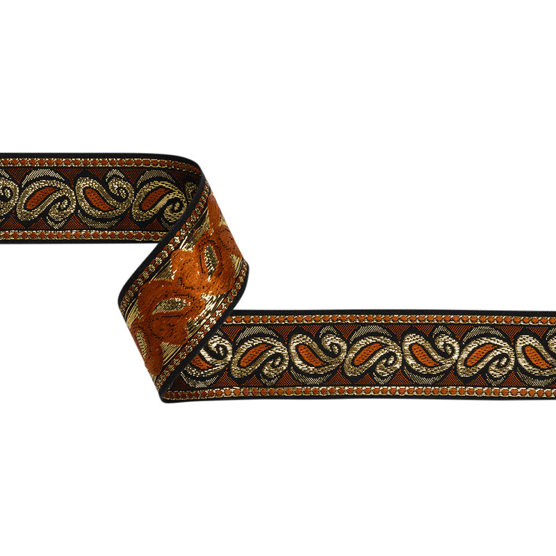 Metallic Jacquard Ribbon - 40mm - Burnt Orange, Black and Gold Dancing Paisleys