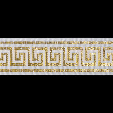 Metallic Jacquard Ribbon - 40mm - White and Gold Greek Key