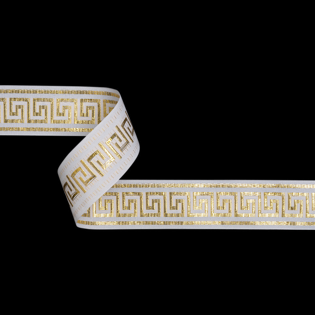 Metallic Jacquard Ribbon - 40mm - White and Gold Greek Key