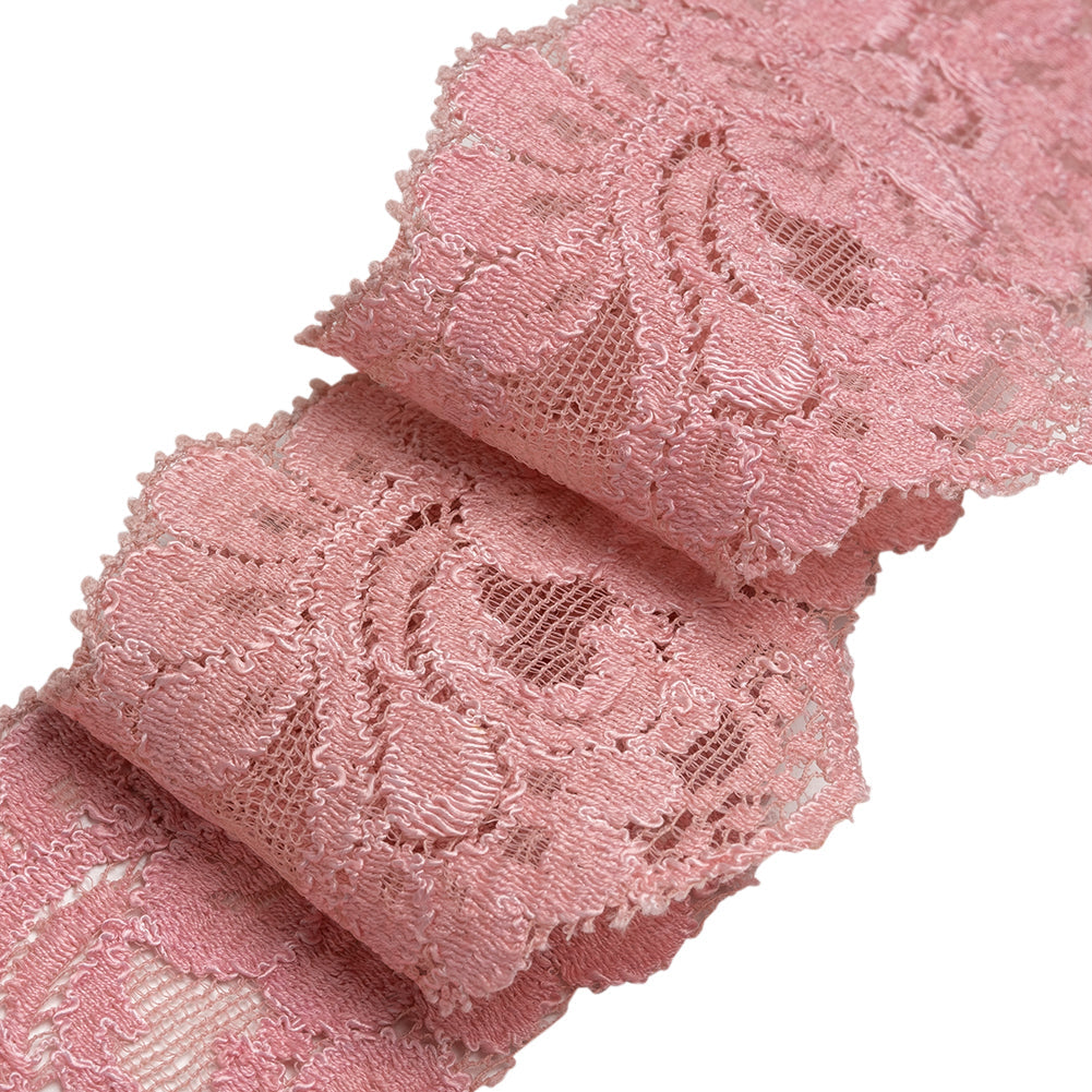 Stretch Lace Trim - 2.125" - Rose Pink Floral Scallops