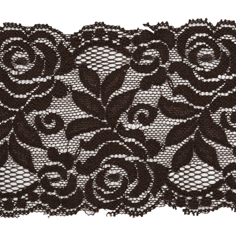 Stretch Lace Trim - 3.25" - Chocolate Brown Roses and Leaves with Scalloped Edges