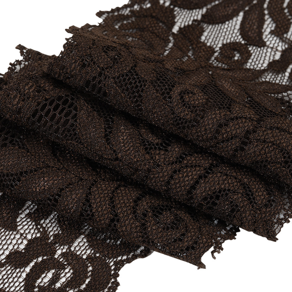 Stretch Lace Trim - 3.25" - Chocolate Brown Roses and Leaves with Scalloped Edges