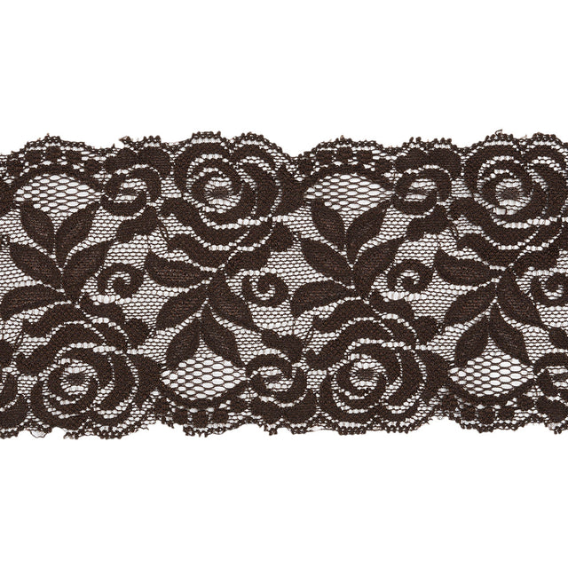 Stretch Lace Trim - 3.25" - Chocolate Brown Roses and Leaves with Scalloped Edges