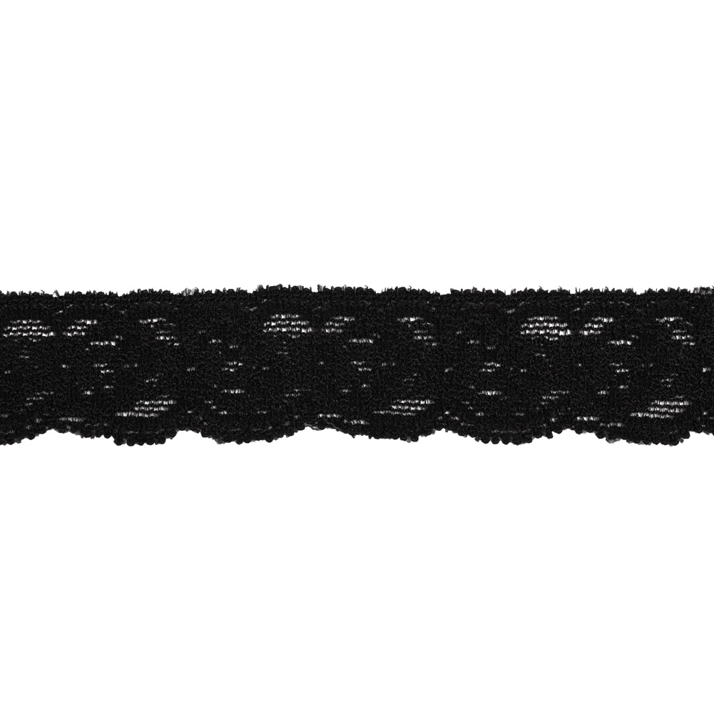 Stretch Lace Trim - 0.875" - Black Little Roses with Scalloped Edges
