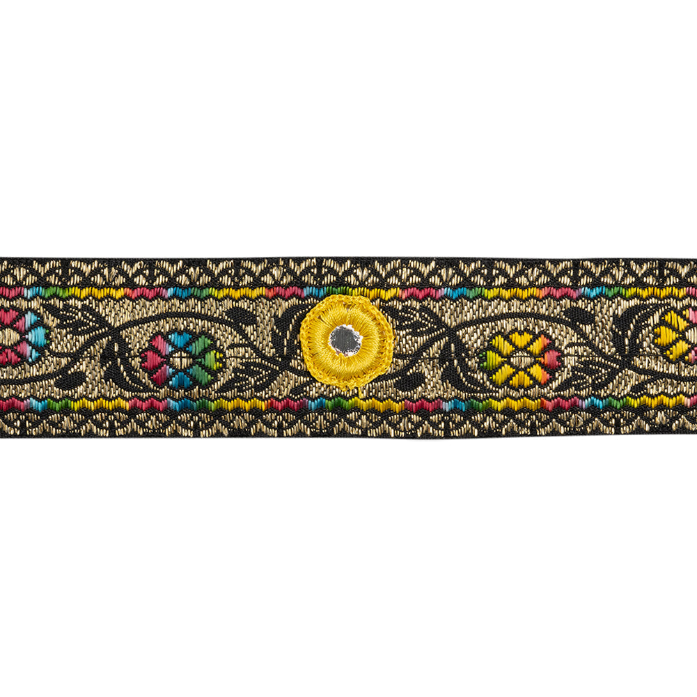 Metallic Jacquard RIbbon with Embroidered Mirror Insets - 1.5" - Rainbow, Black and Gold Flower Vines