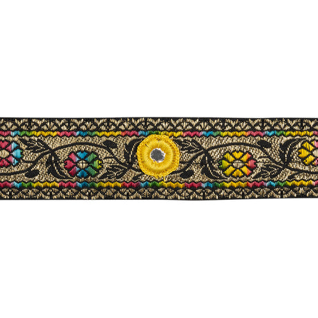 Metallic Jacquard RIbbon with Embroidered Mirror Insets - 1.5" - Rainbow, Black and Gold Flower Vines