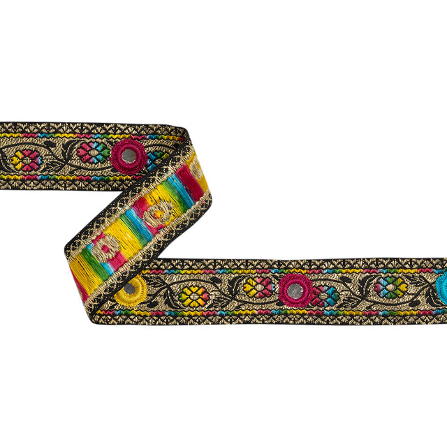 Metallic Jacquard RIbbon with Embroidered Mirror Insets - 1.5" - Rainbow, Black and Gold Flower Vines