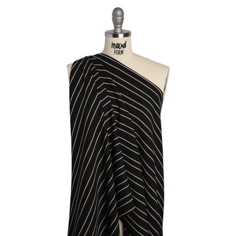 Viscose and Nylon Woven - Black and Beige Stripes - Designer Deadstock Made in Italy