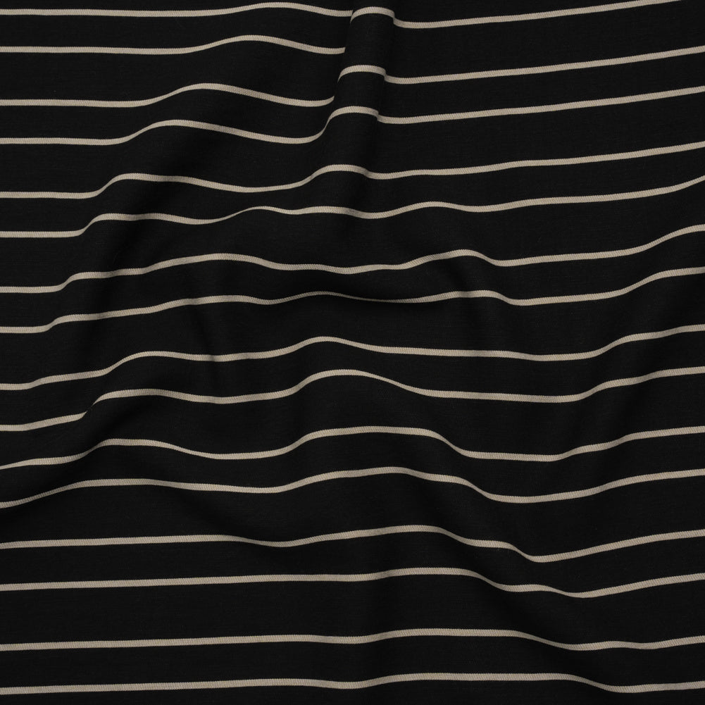 Viscose and Nylon Woven - Black and Beige Stripes - Designer Deadstock Made in Italy
