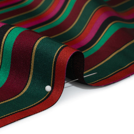 Satin-Faced Viscose and Acetate Woven - Black, Red and Green Barcode Stripes - Designer Deadstock Made in Italy