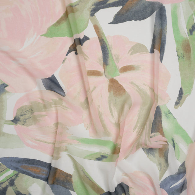 Polyester Georgette - Baby Pink, Lime Green and Navy Blue Painterly Flowers - Designer Deadstock