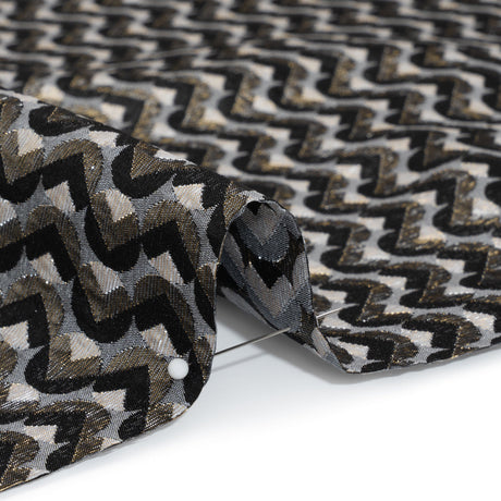 Metallic Stretch Brocade - Gray, Black and White Chevron Circles - Designer Deadstock Made in Italy