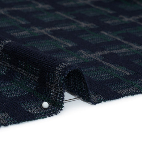 Acrylic Sweater Knit - Navy Blue, Dark Green and Gray Plaid - Designer Deadstock